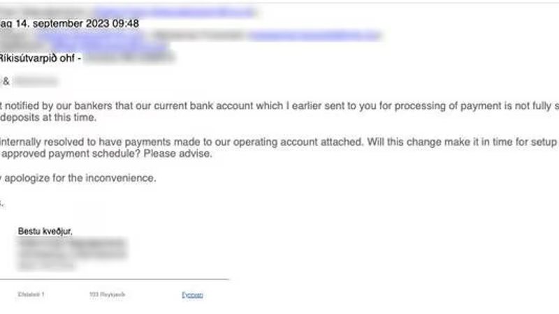 Mynd af tölvupósti sem sendur var af netsvindlurum á NRK. Svindlararnir létu póstinn líta út þannig að hann virðist koma frá Ríkisútvarpinu.