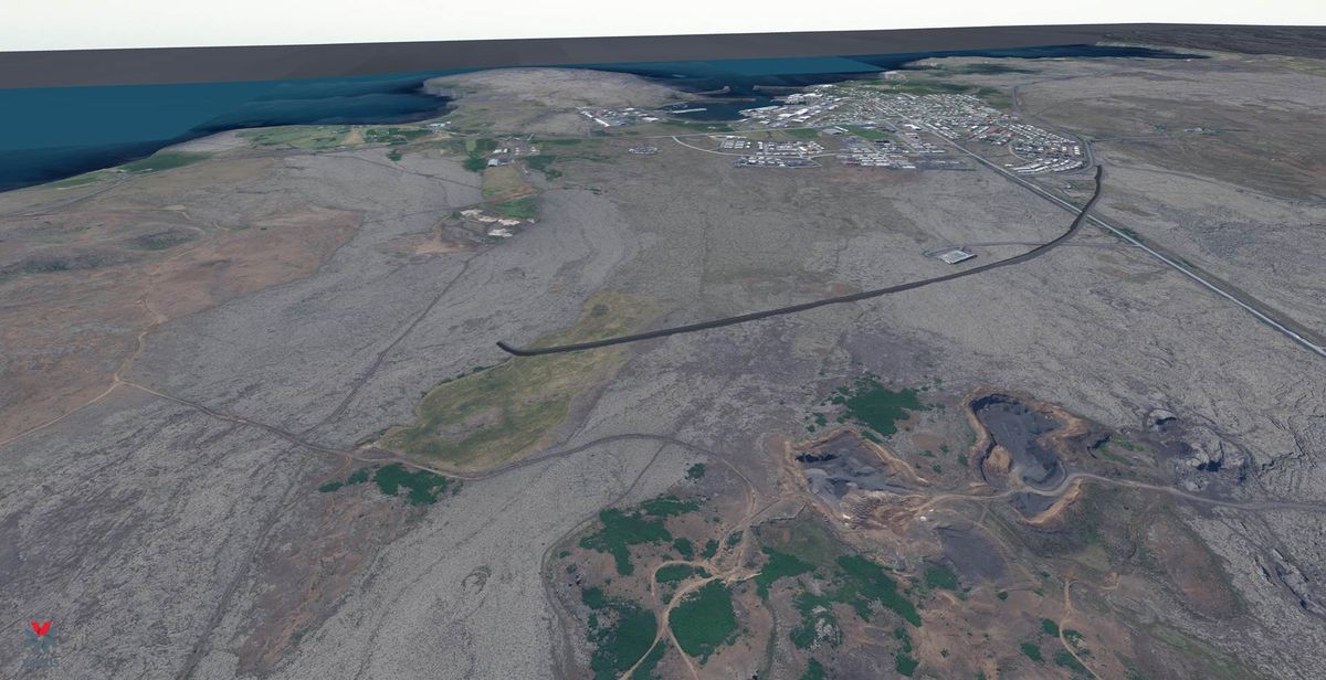 Das Bild zeigt eine Computerzeichnung der geplanten ersten Phase der Verteidigung bei Grindavík.  Die erste Phase ist der Teil der Befestigungsanlagen, den der Zivilschutz als den wichtigsten erachtet.  Die geschätzten Kosten für die erste Phase betragen eine halbe Milliarde ISK, für das gesamte Projekt jedoch sechs Milliarden.